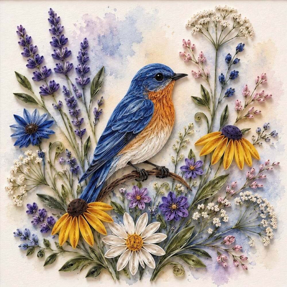 8 X 8 Framed Bluebird Quilled Floral B 11 C